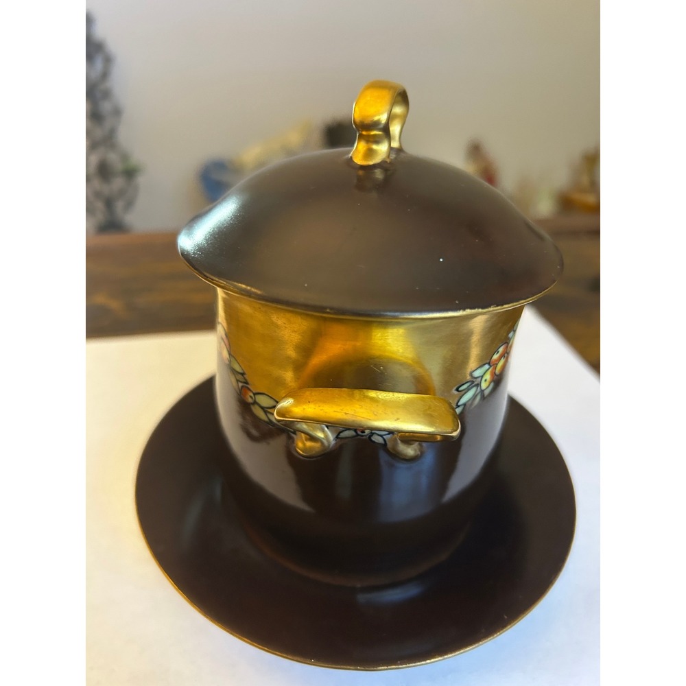 Vintage Czech Slov. Porcelain Condensed Milk Lidded Cup Saucer Fruit Gold Gilt - Picture 5 of 5